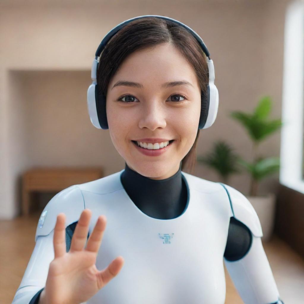 A friendly AI avatar smiling and waving hello in an inviting setting.