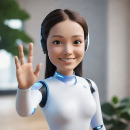 A friendly AI avatar smiling and waving hello in an inviting setting.