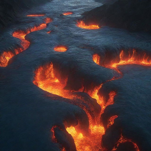 A stunning animated scene illustrating a deep ocean diverging to reveal a vibrant stream of molten lava underneath. This dramatic image should capture the contrast between the cool oceanic blues and the fiery subterranean hues.