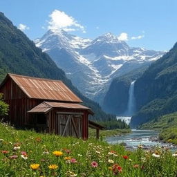 A breathtaking landscape featuring a rustic old barn nestled beside a stunning mountain range