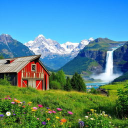 A breathtaking landscape featuring a rustic old barn nestled beside a stunning mountain range