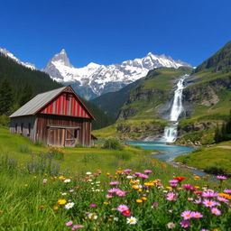 A breathtaking landscape featuring a rustic old barn nestled beside a stunning mountain range