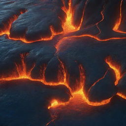 A stunning animated scene illustrating a deep ocean diverging to reveal a vibrant stream of molten lava underneath. This dramatic image should capture the contrast between the cool oceanic blues and the fiery subterranean hues.