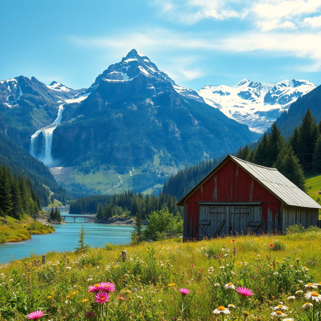 A breathtaking landscape featuring a rustic old barn nestled beside a stunning mountain range