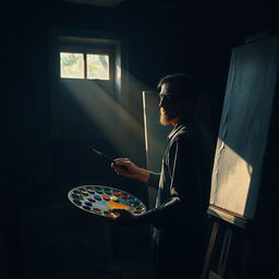 A blind painter, solitary in a studio filled with dark canvases, holding a palette of contrasting colors