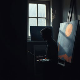 A blind painter, solitary in a studio filled with dark canvases, holding a palette of contrasting colors