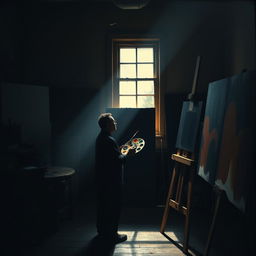 A blind painter, solitary in a studio filled with dark canvases, holding a palette of contrasting colors