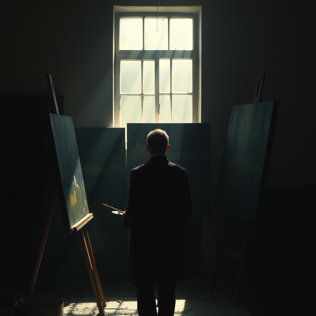 A blind painter, solitary in a studio filled with dark canvases, holding a palette of contrasting colors