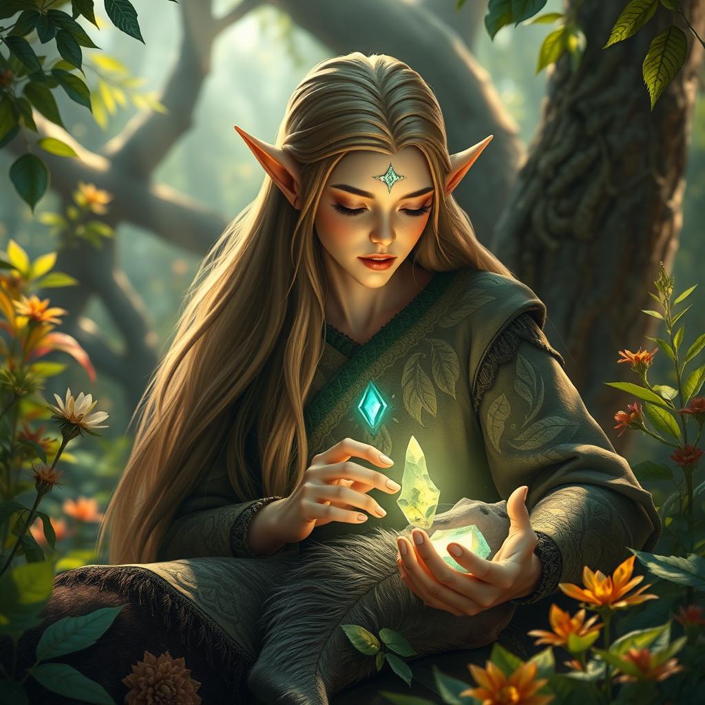 A magnificent scene of a healing elf in a lush forest, with long flowing hair and intricate leaf-patterned robes