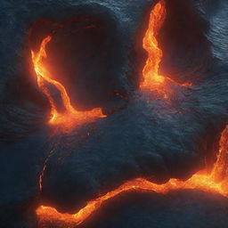 A stunning animated scene illustrating a deep ocean diverging to reveal a vibrant stream of molten lava underneath. This dramatic image should capture the contrast between the cool oceanic blues and the fiery subterranean hues.