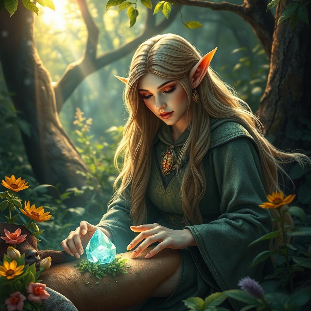 A magnificent scene of a healing elf in a lush forest, with long flowing hair and intricate leaf-patterned robes