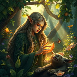 A magnificent scene of a healing elf in a lush forest, with long flowing hair and intricate leaf-patterned robes