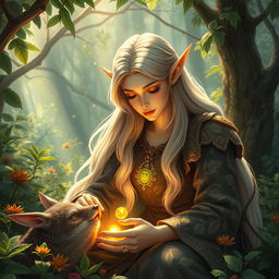 A magnificent scene of a healing elf in a lush forest, with long flowing hair and intricate leaf-patterned robes