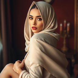 A stunningly beautiful woman wearing a hijab in a sensual pose, highlighting her alluring figure in an artistic and tasteful manner