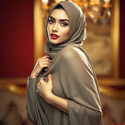 A stunningly beautiful woman wearing a hijab in a sensual pose, highlighting her alluring figure in an artistic and tasteful manner