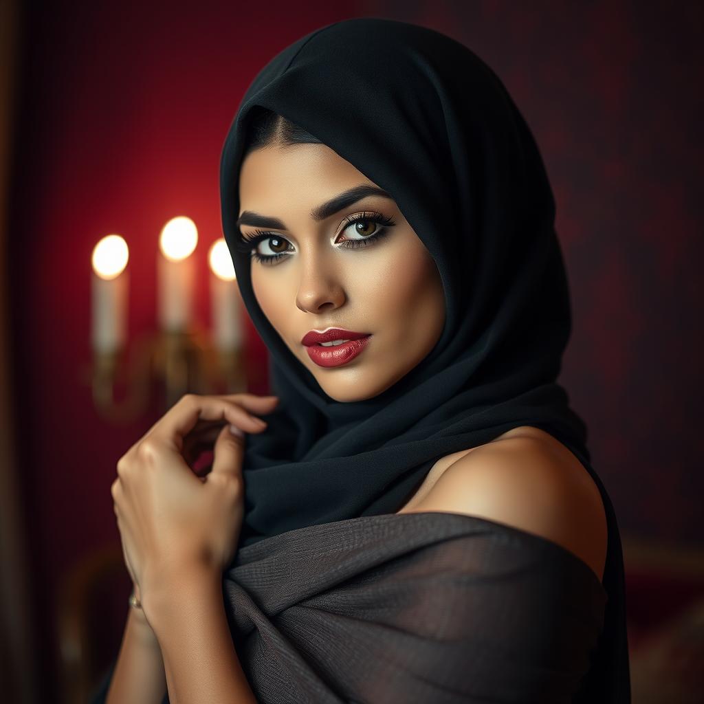 A stunningly beautiful woman wearing a hijab in a sensual pose, highlighting her alluring figure in an artistic and tasteful manner