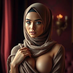 A stunningly beautiful woman wearing a hijab in a sensual pose, highlighting her alluring figure in an artistic and tasteful manner