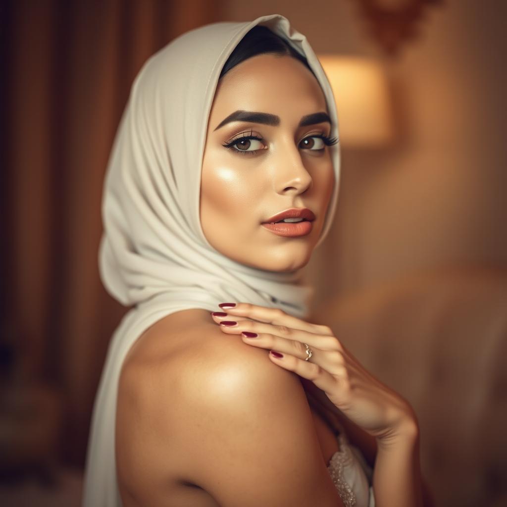 A captivating woman in a hijab posed elegantly, showcasing her beauty and allure in an artistic and tasteful manner