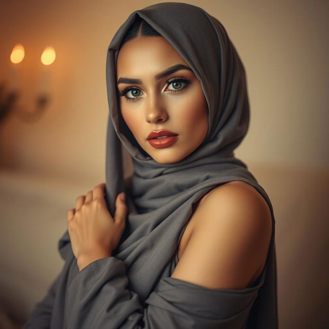 A captivating woman in a hijab posed elegantly, showcasing her beauty and allure in an artistic and tasteful manner