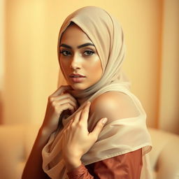 A captivating woman in a hijab posed elegantly, showcasing her beauty and allure in an artistic and tasteful manner