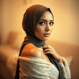 A captivating woman in a hijab posed elegantly, showcasing her beauty and allure in an artistic and tasteful manner