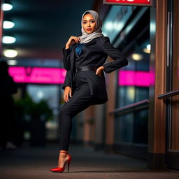 A stylish, confident woman wearing a hijab paired with high heels