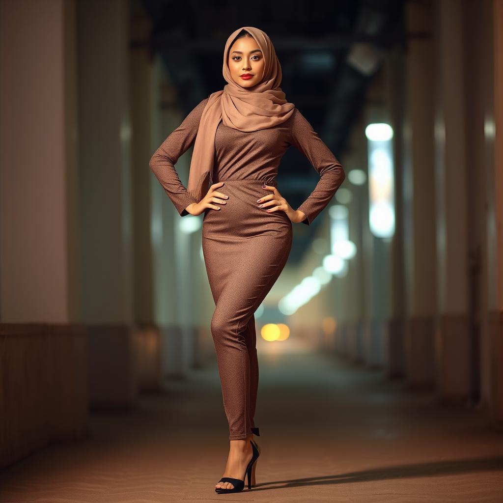 A stylish, confident woman wearing a hijab paired with high heels