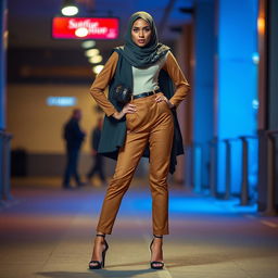 A stylish, confident woman wearing a hijab paired with high heels