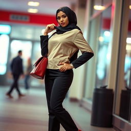 A stylish, confident woman wearing a hijab paired with high heels