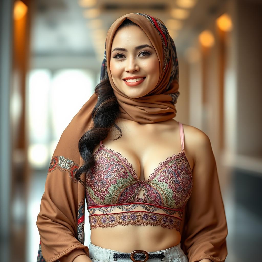 A stylish Asian woman wearing a fashionable bra paired with a beautifully designed hijab