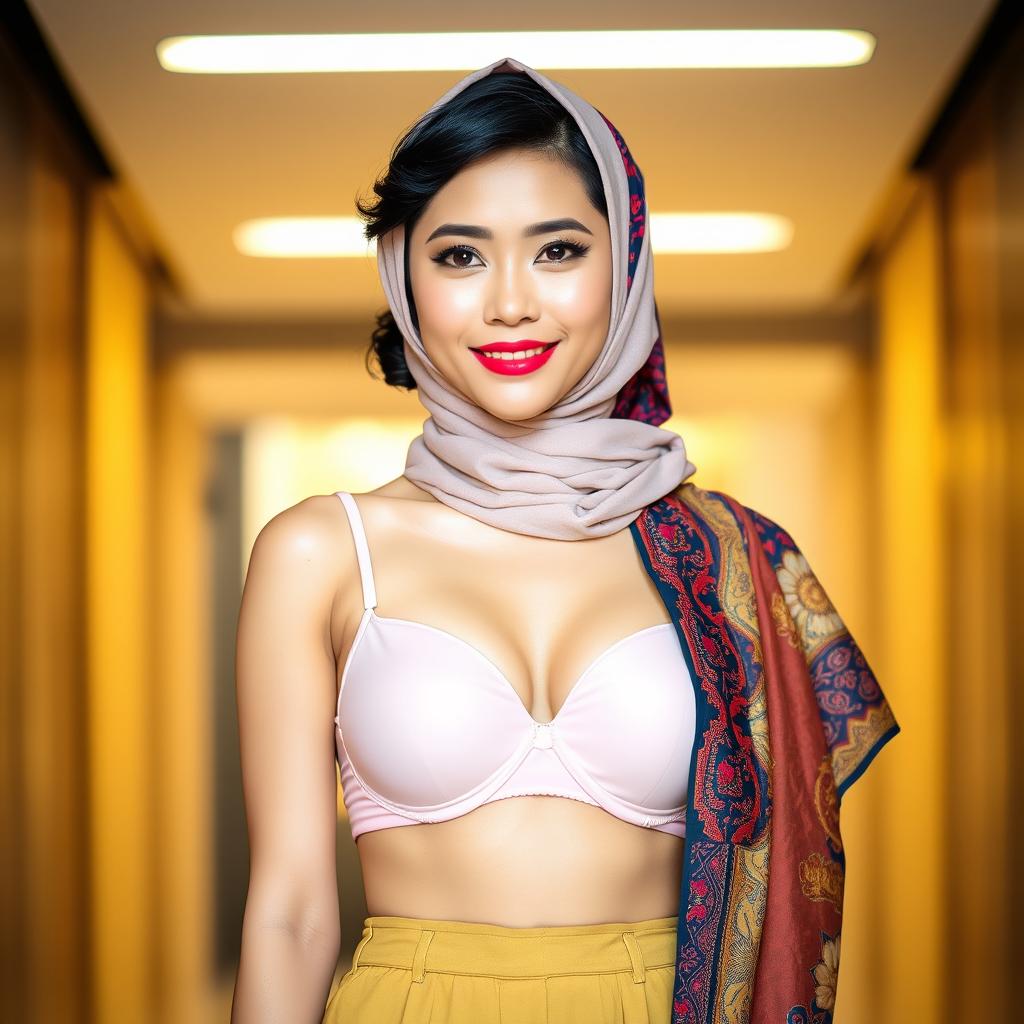 A stylish Asian woman wearing a fashionable bra paired with a beautifully designed hijab