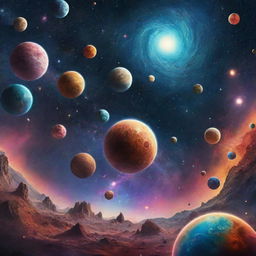 An imaginative and animated scene of the universe filled with fictitious elements. This image should represent a whimsical cosmos, brimming with colorful nebulas, quirky alien planets, undulating cosmic creatures, and starships exploring the cosmos.