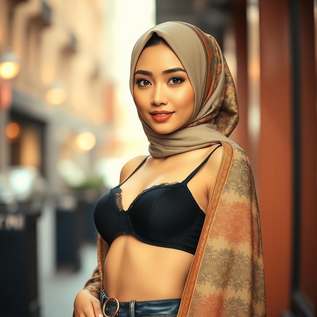 A stunning Asian woman wearing a fashionable bra paired with an elegantly designed hijab, exuding confidence and allure