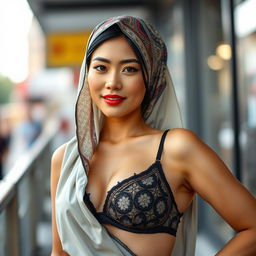 A stunning Asian woman wearing a fashionable bra paired with an elegantly designed hijab, exuding confidence and allure