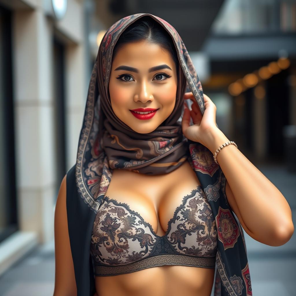 A stunning Asian woman wearing a fashionable bra paired with an elegantly designed hijab, exuding confidence and allure