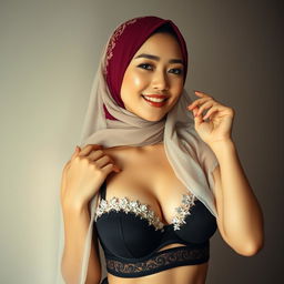 A captivating Asian woman wearing a stylish bra and a beautifully designed hijab, exuding confidence and allure