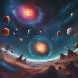 An imaginative and animated scene of the universe filled with fictitious elements. This image should represent a whimsical cosmos, brimming with colorful nebulas, quirky alien planets, undulating cosmic creatures, and starships exploring the cosmos.