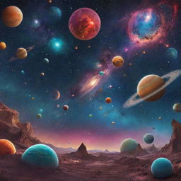 An imaginative and animated scene of the universe filled with fictitious elements. This image should represent a whimsical cosmos, brimming with colorful nebulas, quirky alien planets, undulating cosmic creatures, and starships exploring the cosmos.