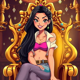 A stylized illustration of a confident, attractive young woman with long dark hair, wearing a trendy outfit with vibrant colors, sitting on a throne in a luxurious setting