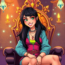 A stylized illustration of a confident, attractive young woman with long dark hair, wearing a trendy outfit with vibrant colors, sitting on a throne in a luxurious setting