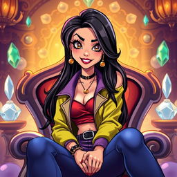 A stylized illustration of a confident, attractive young woman with long dark hair, wearing a trendy outfit with vibrant colors, sitting on a throne in a luxurious setting