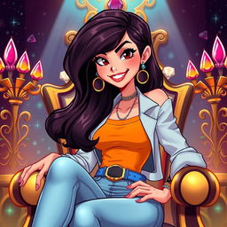 A stylized illustration of a confident, attractive young woman with long dark hair, wearing a trendy outfit with vibrant colors, sitting on a throne in a luxurious setting