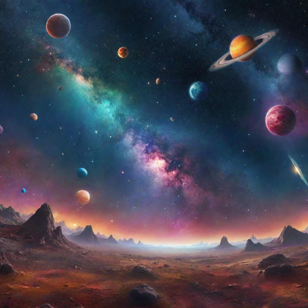 An imaginative and animated scene of the universe filled with fictitious elements. This image should represent a whimsical cosmos, brimming with colorful nebulas, quirky alien planets, undulating cosmic creatures, and starships exploring the cosmos.