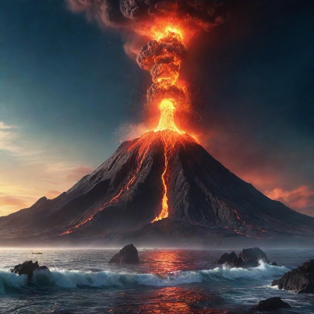 An animated out-of-this-world scene, where a fantastical universe with fictional elements blends with a volcano and an ocean. It should combine cosmic wonders, a fiery volcano, and a vast ocean to create a surreal, vibrant cosmoscape.