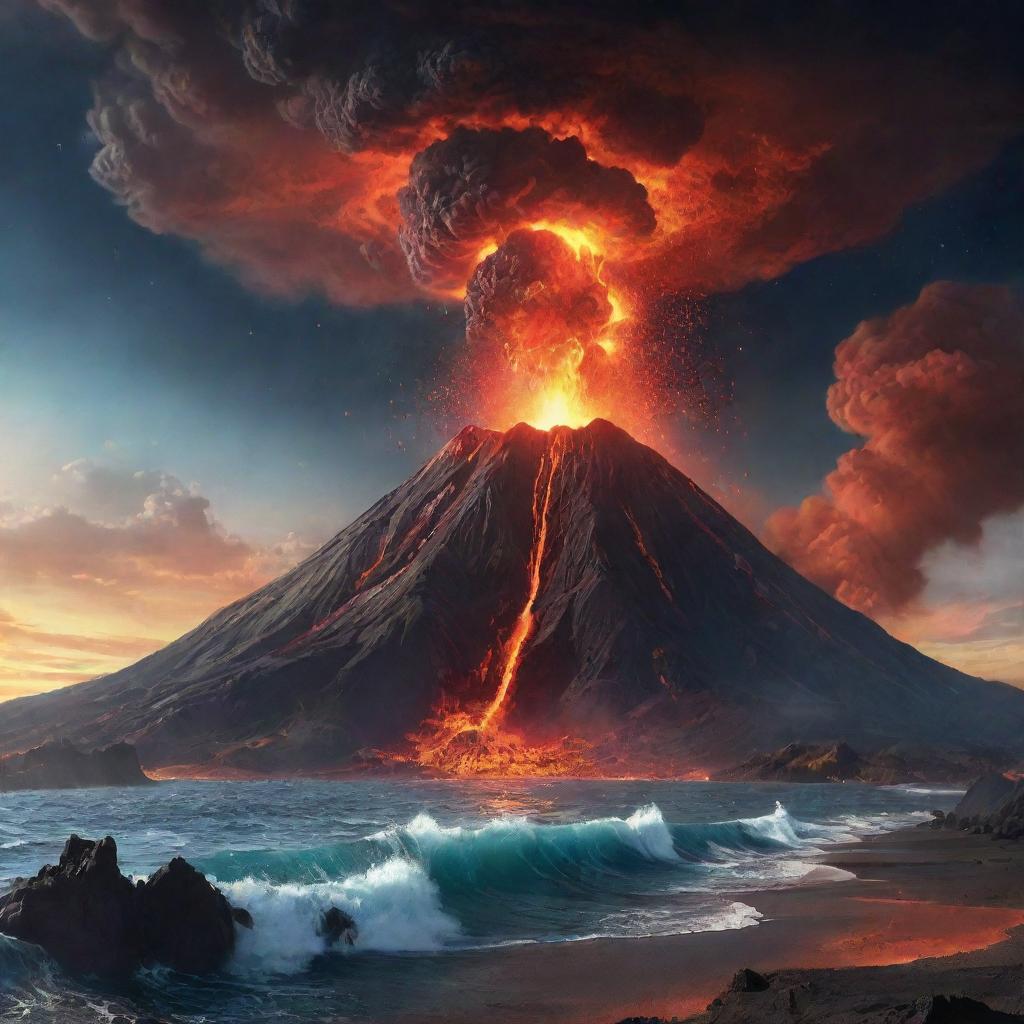 An animated out-of-this-world scene, where a fantastical universe with fictional elements blends with a volcano and an ocean. It should combine cosmic wonders, a fiery volcano, and a vast ocean to create a surreal, vibrant cosmoscape.