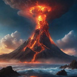 An animated out-of-this-world scene, where a fantastical universe with fictional elements blends with a volcano and an ocean. It should combine cosmic wonders, a fiery volcano, and a vast ocean to create a surreal, vibrant cosmoscape.