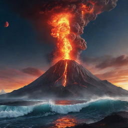 An animated out-of-this-world scene, where a fantastical universe with fictional elements blends with a volcano and an ocean. It should combine cosmic wonders, a fiery volcano, and a vast ocean to create a surreal, vibrant cosmoscape.