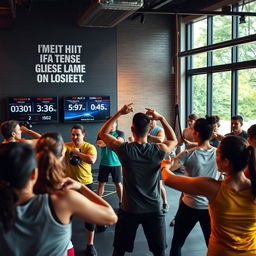 A high-energy gym scene showcasing a diverse group of individuals engaging in an intense HIIT workout focused on strength and fat loss