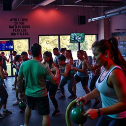 A high-energy gym scene showcasing a diverse group of individuals engaging in an intense HIIT workout focused on strength and fat loss