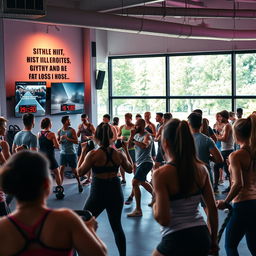 A high-energy gym scene showcasing a diverse group of individuals engaging in an intense HIIT workout focused on strength and fat loss